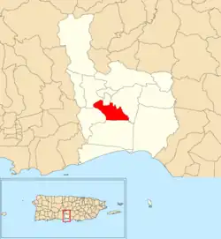 Location of Amuelas within the municipality of Juana Díaz shown in red
