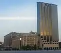 View  of all the buildings of the Amway Grand Plaza Hotel from the Grand River
