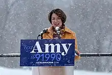 File:Senator Amy Klobuchar made her announcement to run for president in 2020 on a snowy day Sunday at Boom Island Park in Minneapolis, Minnesota. (46330784464) (cropped)