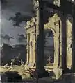Capriccio of ruins with figures under stormy night sky, oil on canvas