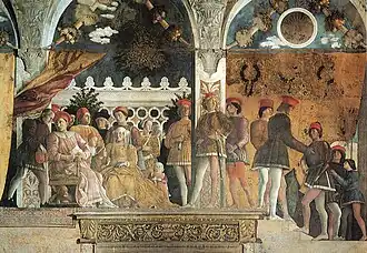  Fresco. A close-up view of richly dressed middle-aged couple seated on a terrace with their family, servants and hound. The man discusses a letter with his steward. A little girl seeks her mother's attention. The older sons stand behind the parents. The space is restricted and crowded in a formal manner, but the figures are interacting naturally.