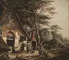 A. Schelfhout, Figures outside a farmstead, undated; pen, Indian ink and watercolor on paper