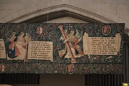 Tapestry of angels carrying instruments of the Passion