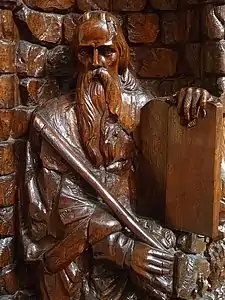 Carved image of Moses on the pulpit