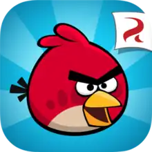 A game image of Red on a blue background. The Rovio Entertainment logo is inside a white banner.