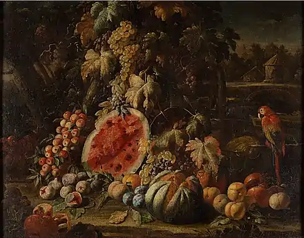 Still life with Apples, Watermelon, Grapes, Figs, Peaches, Plums, Melon, Pomegranates and Parrot
