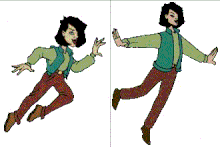 A split image of two designs of a black-haired, floating woman