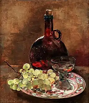 Still life painting with grapes on a plate and a bottle 	(1889)