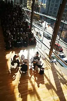 The Annex String Quartet performing in the Richard Bradshaw Amphitheatre at the Four Seasons Centre in Toronto.