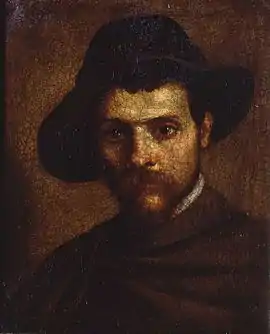 Oil painting of a young man with a moustache, wearing a dark, brimmed hat staring at the viewer