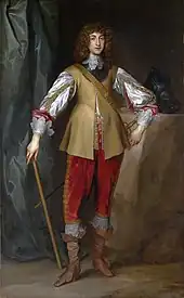 a full length portrait of a young white mad dressed in C17th military dress