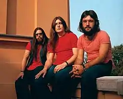 The 1972–1976 Pop Mašina lineup, from left to right: Robert Nemeček, Zoran Božinović, and Mihajlo Popović