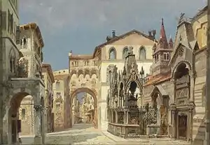 Watercolour of the tombs and setting, by 1920