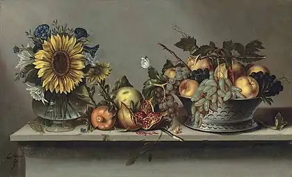 Flower vase and fruit bowl.Still Life with Flowers in a Vase and a Fruit Bowl on a Ledge by Antonio Ponce; 1640–60, 62 × 100 cm, private collection.