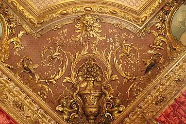 Second Empire style ceiling with a foliate head in the Napoleon III Apartments, in the Louvre Palace, Paris, designed by Hector Lefuel and decorated with paintings by Charles Raphaël Maréchal, 1859-1860