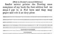 A page of punctuation from the appendix of the second edition, with instructions for readers to "peper and solt it as they plese".