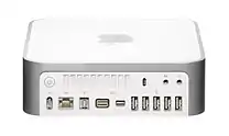 Back panel of a Late 2009 3,1 model Mac Mini. Ordered from left to right, first row: power button, ventilation holes, Kensington lock slot, audio in, audio out. Second row: DC in, gigabit Ethernet, FireWire 800, Mini DVI, Mini-DisplayPort, 5 USB 2.0 ports