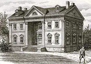 A black-and-white drawing of the Apthorpe Mansion, which depicts its appearance in 1790