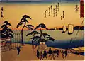 Travellers approaching Arai in Hiroshige's ukiyoe print of The Fifty-three Stations of the Tōkaidō