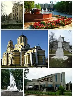 Aranđelovac- collage of image (Prince Mihailo's summer residence, The Main Square in Aranđelovac, Orthodox Church of the Holy Apostles Peter and Paul in Aranđelovac, Monument of Karađorđe in front of school in Orašac near Aranđelovac, Monument of sphinx in the park of Bukovička Banja, Hotel Izvor)