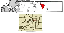 Location of the Peoria CDP in Arapahoe County, Colorado.