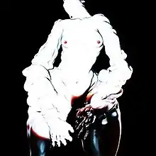A nude, white figure against a black background masturbating.
