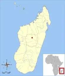 Map of Madagascar, off the southeast coast of Africa, with one red dot near the middle of the island.