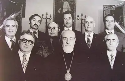 Architectural Commission of the Mother See of Holy Etchmiadzin (1970–1988). First row from left: Varazdat Harutyunyan, Vazgen I, K. Altunyan Second row from left: Baghdasar Arzoumanian, H. Babakhanian, Grigor Khanjyan, A. Galikyan, M. Hovhannisyan