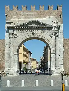 Roman pediment of the Arch of Augustus, Rimini, 27 BC