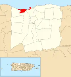 Location of Arecibo barrio-pueblo within the municipality of Arecibo shown in red