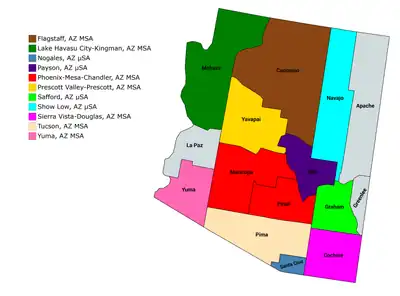 Map of the 11 core-based statistical areas in Arizona.