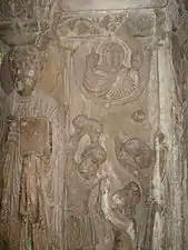 Cloister column showing the stoning of St. Stephen