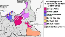 Map of South Sudan, with areas affected by different rebel groups depicted in various colors