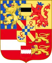 An alternate coat of arms sometimes used by Frederick Henry, William II, and William III as Prince of Orange showing the county of Moers in the top center rather than Veere.