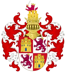 The Castilian arms with the Crest of the Castle and the Lion. During the reign of John II the royal crest was represented over the Device of the Bend depicted on a shield