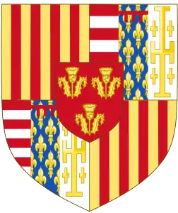 Coat of Arms of the Dukes of Montalto, now known as Dukes of Montalto de Aragón to avoid clashing with a Dukedom of the same name renovated by Spanish people at the ends of the 19th century. This Montalto is a remembrance of Montalto Uffugo, 39° 24′ 0″ N, 16° 9′ 0″ E, Cosenza, Calabria, Italy, formerly in the Hispanic kingdom of Naples.In the center, coat of arms of the Cardona family, by the sides, red and yellow bars of the kingdom of Aragon and Catalonia from his grandfather king Alfonso V of Aragon, (1395 - 1458), king of Sardinia, king of Naples, king of Sicily as well. The five crosses represents their Brienne claim to the Kingdom of Jerusalem. The bluish "fleur de lys" COA with the crennelling represents their descent of the Anjou, a cadet branch of the Capetian kings of France. The red horizontal bands within the silvery background is related to the medieval Kingdom of Hungary