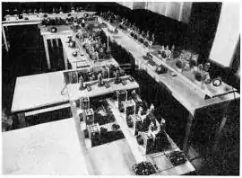 Armstrong's first experimental FM broadcast transmitter W2XDG, in the Empire State Building, New York City, used for secret tests 1934–1935. It transmitted on 41 MHz at a power of 2 kW.