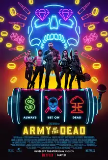 A group of five people holding weapons stands on top of an enlarged slot machine reel containing the images of a dollar sign, a skull, and a nuclear explosion along with the caption "always bet on dead." Another skull is seen above them in vibrant neon colors with symmetrical dice, bullets, and gold coins surrounding it.