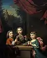 Family portrait of 3 Children of the van der Elst family blowing soap bubbles using a pipe by Dutch painter Arnold Boonen.