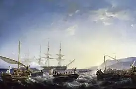 Seascape of a number of smaller ships with people on them. The ship in the center is a rowboat with two French flags and there are some larger, multi-masted ships in the background.