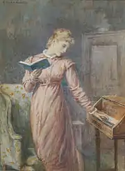 A lady reading while playing the spinet