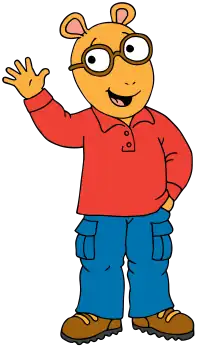 Arthur, unlike the TV series, is seen here with a red shirt, baggy jeans, and brown shoes.