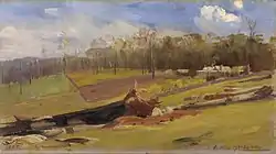 Painting by Arthur Streeton - Residence of J. Walker, Esq., Gembrook, 1889. Showing clearing of land and forest for agriculture.