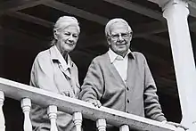 Black and white photograph of Arthur and Yvonne Boyd standing on the balcony of the Bundanon Homestead