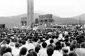 A protest at the memorial on February 20, 1988.