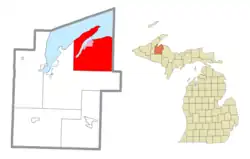 Location within Baraga County (red) and the administered CDP of Skanee (pink)