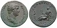 Hadrian coin celebrating Aegyptus Province, struck c. 135. In the obverse, Egypt is personified as a reclining woman holding the sistrum of Hathor. Her left elbow rests on a basket of grain, while an ibis stands on the column at her feet.