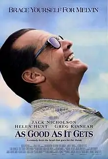 Jack Nicholson, portraying as Melvin Udall, seen wearing sunglasses looks upward smiling. The top headline reads "Brace Yourself for Melvin". Between the film's title and addition credits, another tagline reads "A comedy from the heart that goes for the throat."