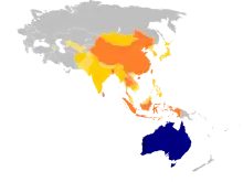 Map showing the Australia in blue, and the nations where Asian Australians originate from in shades of orange