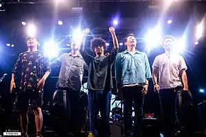 Asian Kung-Fu Generation on stage in 2017. From left to right: Ryōsuke Shimomura, Kensuke Kita, Masafumi Gotoh, Takahiro Yamada, Kiyoshi Ijichi